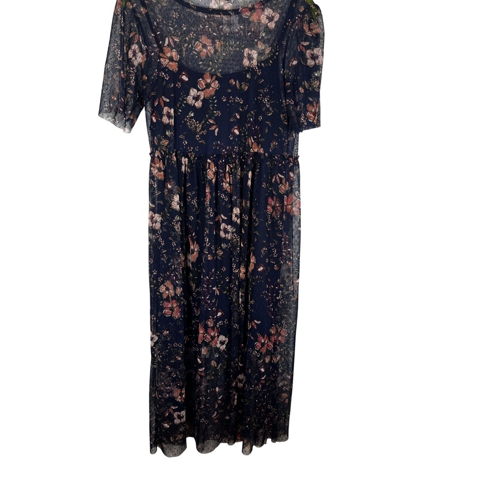 Colorful Floral Mesh Dress Blue M Sheer Boho Indie Folk Cottage Ruffle Artsy 90s
